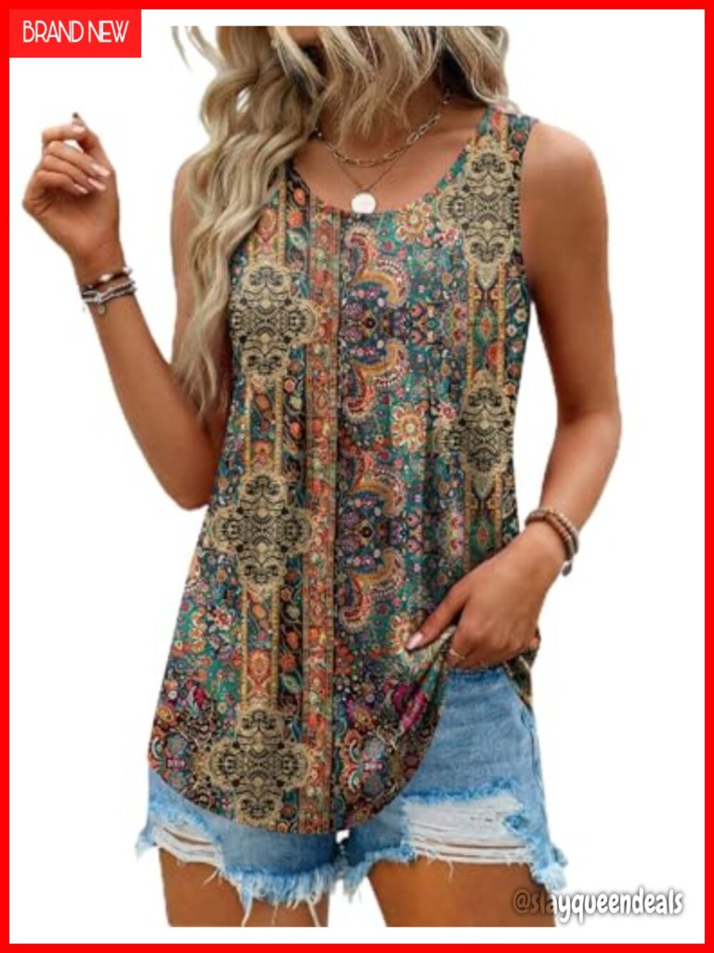 Womens Sleeveless Pleated Scoop Neck Loose Fit Tunic Tank Top Summer Business